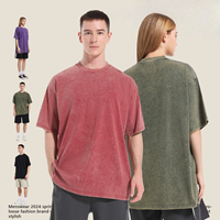 Kaos Rajut Pria Trendy Musim Panas, Bahan Tebal 300 Gram, Cuci Berat, Kerah O, Longgar Kasual, Lengan Pendek, 100% Katun