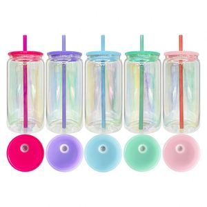 Entrepôt USA – Nouvelle Canette en Verre Borosilicate Iridescent Plaqué Arc-en-ciel de 16 oz avec Couvercles Colorés pour Wraps UV DTF et Sublimation Vierge - Product Image 1