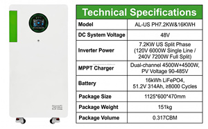 Système solaire hybride tout-en-un 16 kWh 7,2 kW, monophasé US 120/240 V, double MPPT 9000 W, batterie LiFePO4 pour alimentation de secours domestique - Product Image 2