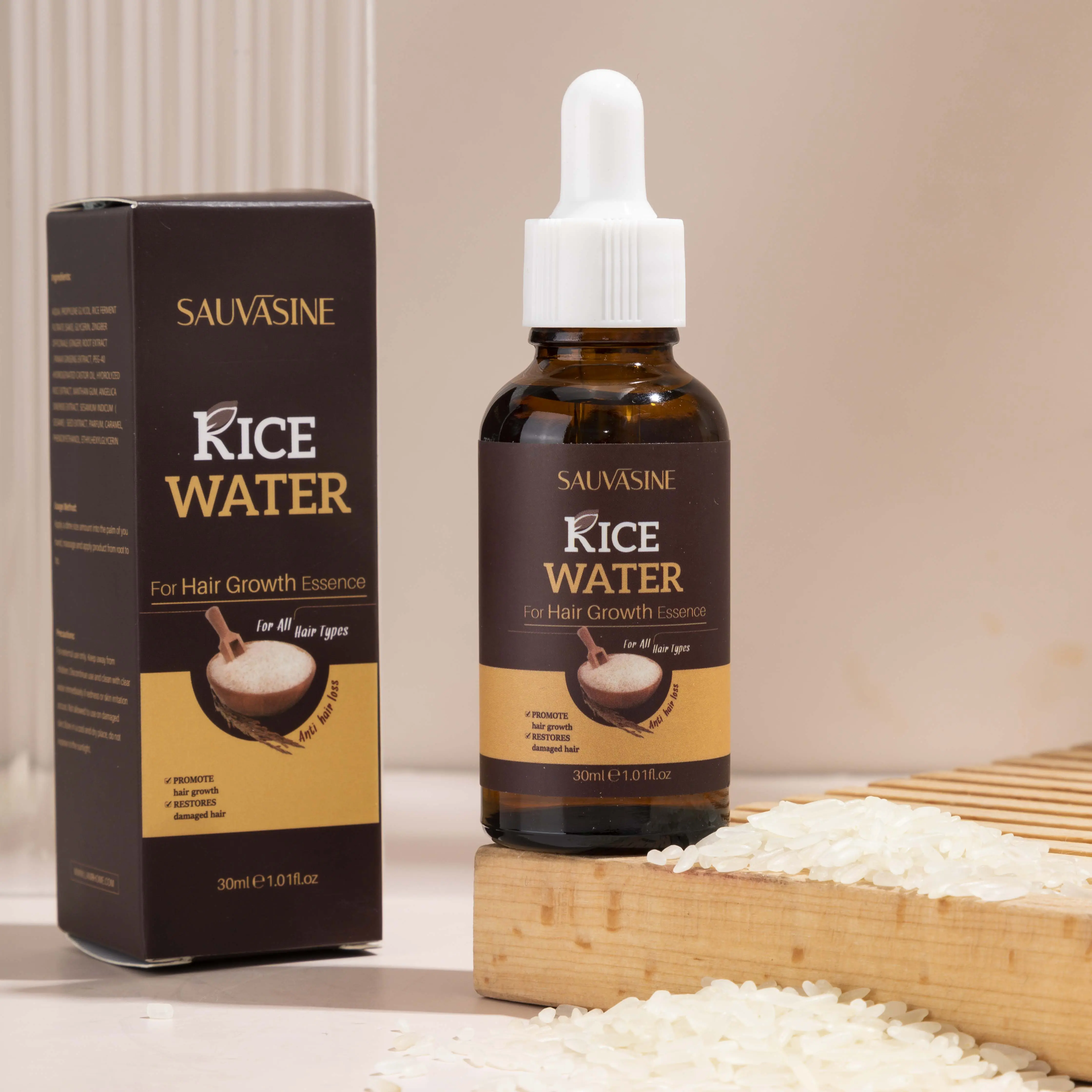 Sauvasine rótulo privado fermentado orgânico água do arroz spray de crescimento do cabelo óleo