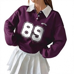 Sudadera Polo Oversize de Mujer con Tejido Waffle, Estampado Gráfico Número 89 Vintage, Cuello y Manga Larga, Estilo Deportivo Universitario - Product Image 1