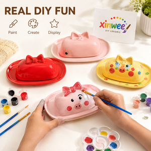 Kit de peinture créatif en céramique écologique pour enfants, avec couvercle, en forme de cochon de dessin animé, pour peindre soi-même, ensemble d'art et de peinture, également utilisable comme beurrier - Vente en gros - Product Image 4