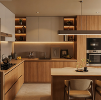 Kabinet Dapur Bentuk L Modern Natural Luxury Custom Dua Warna Oak Terang dan Beige dengan Pulau Dapur dan Nook LED Terbuka