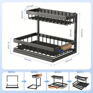 Nouveau Rangement et Organisateur Ajustable à 2 Niveaux pour Armoire Sous Évier de Salle de Bain et Cuisine, avec Tapis de Cuisine et Tiroir Coulissant Simple - Product Image 3