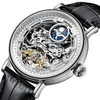KINYUED J117 Montre mécanique automatique tendance étanche avec aiguilles lumineuses, phase de lune et cadran squelette pour homme