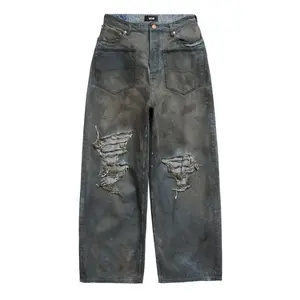 Оптовая цена, можно настроить логотип бренда винтажные старые 100% хлопковые рваные тонкие джинсы