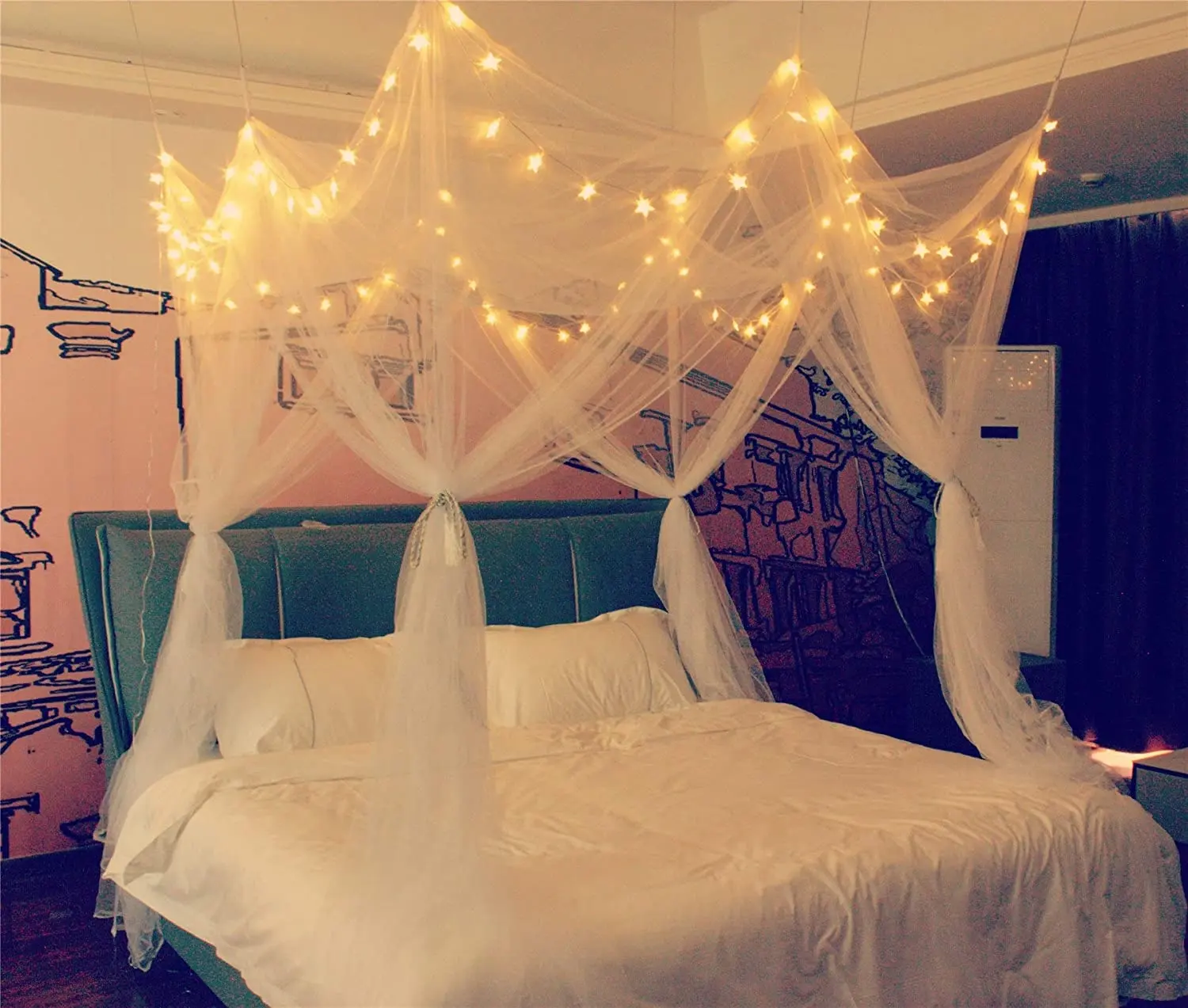 Biumart pliable adulte bébé moustiquaire lit auvent avec 100 LED cordes lumières pour la décoration intérieure