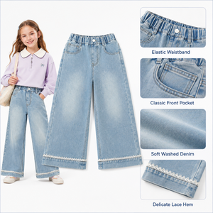 Jeans a Gamba Larga MZJ per Ragazze con Orlo in Pizzo, Morbidi e Lavati, Vita Alta Elastica, Pantaloni in Denim Casual per Uso Quotidiano - Product Image 4