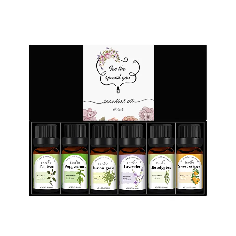 OEM ODM 10ml Pure Plant Fragrance Tee tree Pepper Mint Lavender Sweet Orange Eucalyptus Lemon grass 6 Pack Essential Oil Set