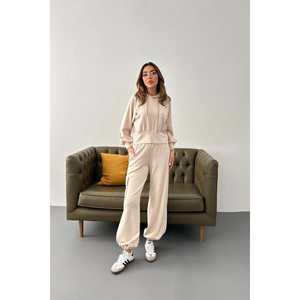 Conjunto de Sudadera con Capucha Beige y Pantalones Cargo para Mujer, Felpa, Casual, Manga Larga, Transpirable - Product Image 6