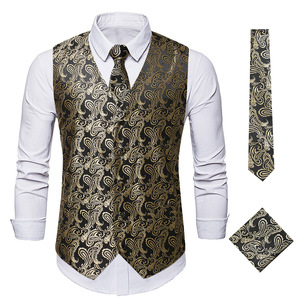 Nuovo <span class=keywords><strong>Gilet</strong></span> da <span class=keywords><strong>Uomo</strong></span> alla Moda, Scollo a V, Senza Maniche, Jacquard Sottile, per Cerimonie, Matrimoni, Feste, <span class=keywords><strong>con</strong></span> Cravatta e Foulard Quadrato Inclusi - Product Image 2