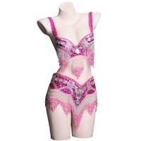 Costume de danse orientale sexy avec soutien-gorge orné de strass et ceinture, ensemble de spectacle de carnaval, jupe à franges pour femmes