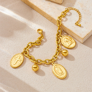 Gold Plated Stainless Steel Oval Pendant Chain Jewelry <b>Set</b> Cross Angel Design Unisex Everyday Wear Two Piece Necklace <b>Bracelet</b> - Product Image 3