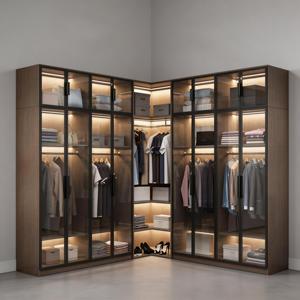 Armoire moderne avec portes en verre et éclairage LED, placard d'angle pour chambre à coucher, projet personnalisé - Product Image 1