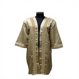 Robe longue en satin doré, col en V, manches trois quarts, broderie, coupe ample, tenue décontractée, toutes saisons - Product Image 1