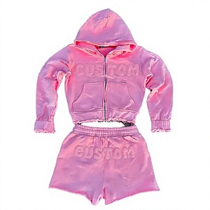 Custom Long Pink Terry 100% Cotton <b>Thermal</b> Lined 2 Piece Hoodie Shorts Set <b>Women</b> Casual Embossed Letter Print Autumn Wear - Product Image 1