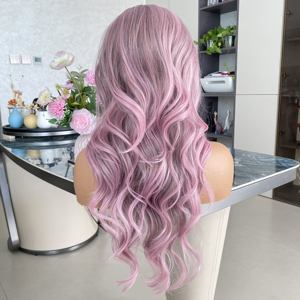 วิกผมสังเคราะห์ทนความร้อน 13x4 แบบติดลูกไม้ด้านหน้า ไม่ต้องใช้กาว สีชมพูม่วงไฮไลท์  แบบลอนคลื่นธรรมชาติ  ถอนขนมาแล้ว สำหรับผู้หญิงผิวสี - Product Image 5
