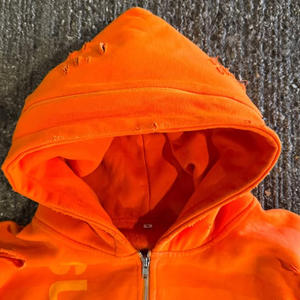 Vintage Distressed Hip Hop Orange Baggy Drop Shoulder Full Zip up Terry 100% Cotton Side <span class=keywords><strong>Kangaroo</strong></span> Pocket Oversized Hoodie Men - Product Image 6