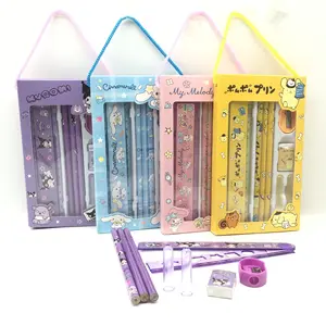 Yubon kartun alat tulis Set pensil penghapus penggaris Kawaii Melody Kuromi Cinnamoroll lukisan primer perlengkapan sekolah hadiah siswa