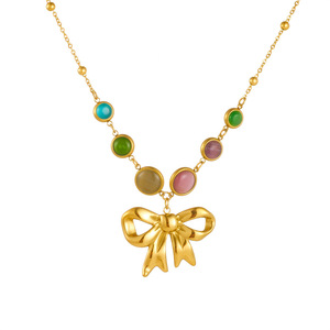 Fashion Pendant Necklace Gold Plated Bow Angel Chain Colorful Gemstone Stainless Steel Party Jewelry - Product Image 5