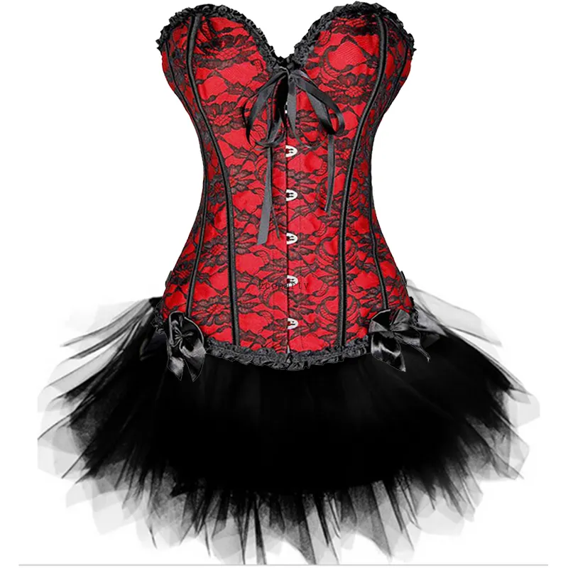 Frauen Sexy Burlesque Overbust Korsett Bustier Top Mit Mini TuTu Rock Kostüme Kostüm Sexy Gothic Korsetts Kleid Öko party