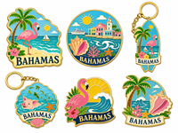 Souvenir des Bahamas, aimant de réfrigérateur en métal émaillé réutilisable, porte-clés personnalisé, design de plage, flamant rose, coquillage, palmier, cadeau de voyage