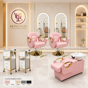 Ensemble de mobilier de salon rose : Fauteuil de coiffure hydraulique, bac à shampoing, station miroir, chariot, sièges de salon de beauté en similicuir - Product Image 1