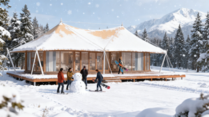 Tente de glamping de luxe semi-permanente à double compartiment, en PVC Oxford imperméable, quatre saisons, ignifuge, avec structure en acier et protection UV, 10m - Product Image 2