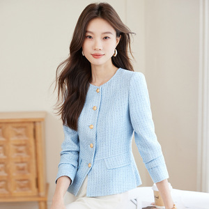 Apricot Round Neck Blazer Women Tweed Slim Fit Solid Color Polyester Worsted Jacket - Product Image 5