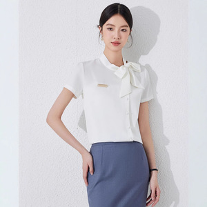 Women's White Chiffon Blouse Slim Fit With Bow And Buttons For Hotel Uniforms - Product Image 1