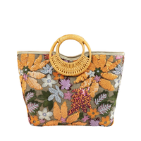 Sac fourre-tout double portable pour femme, en lin, coloré, brodé de fleurs et de sequins, écologique, durable, léger et grande capacité