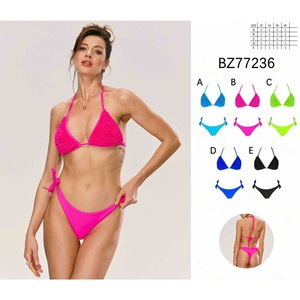 HDJ <b>Pink</b> <b>Bikini</b> <b>Set</b> Plus Size 2 Piece Tie Side Knitted Spandex Polyester Swimwear Women Solid Color BZ77236 - Product Image 3