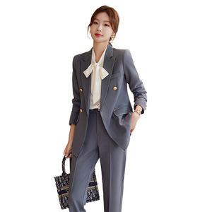 Women's Suit Sets Solid Color Polyester Worsted Spring Work Uniform Double Breasted Jacket With Bow Tie - Product Image 5
