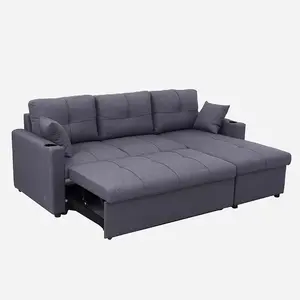 Small Apartment Living Room Multi-functional Corner Sofa Bed with Storage Foldable Leather Linen Modern Sofa Cum Bed for Bedroom