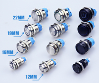 Interruptor de botão de metal, interruptor de botão de metal preto de 12mm 16mm 19mm 22mm impermeável pequeno iluminado com interruptores momentâneos de travamento led