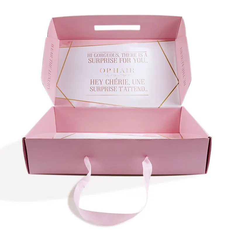 premium custom pink color corrugated paper shipping paper boxes with ribbon handle