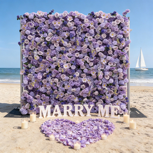 Mur de fleurs artificielles en soie 3D fait main, roses violettes pour décoration de mariage - Product Image 1