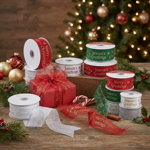 Christmas Organza <b>Ribbon</b> Spool Season's Greetings Gold Foil Printed Red Green <b>Silver</b> Gift Wrapping Decor - Product Image 5