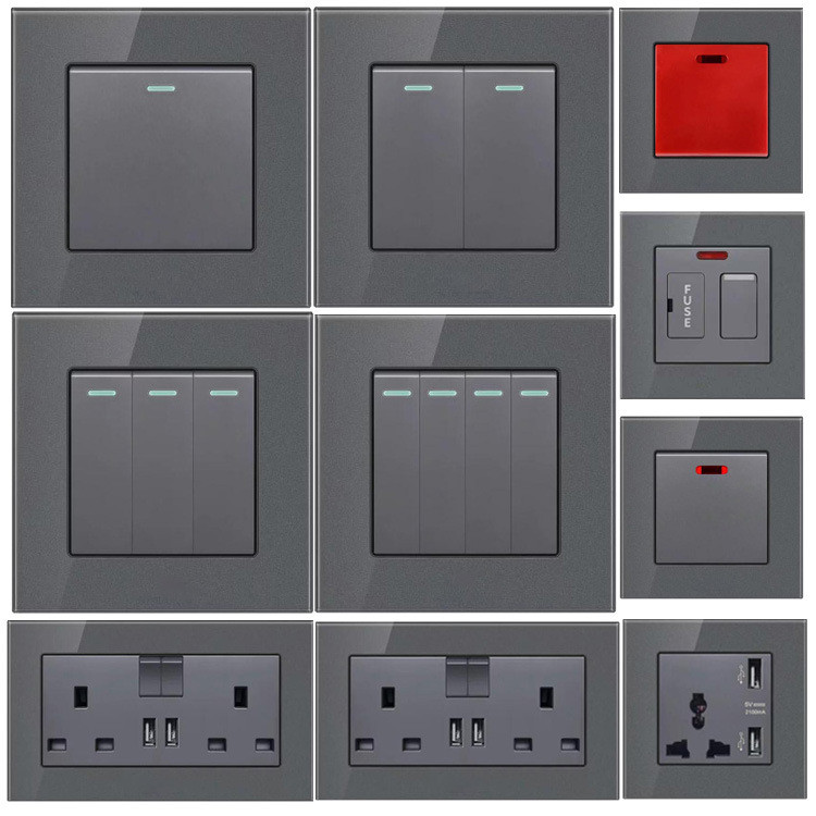 multi-functional grey tempered glass wall socket panel British standard Hong Kong version usb switch wall socket