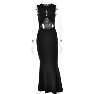 Robe de soirée unie à col rond, sans manches, dos nu, jupe longue, taille naturelle, avec empiècements transparents, élément de mode - Product Image 5