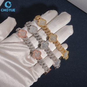 Wholesale 8MM Width <b>Iced</b> <b>Out</b> Party Jewelry Women's Moissanite Bracelet Flower Shape 18K Gold Plated <b>Chain</b> Link Luxury Jewelry - Product Image 4