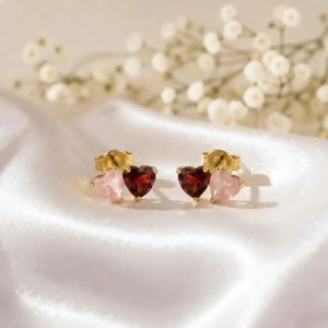 Modern Natural Garnet <b>Rose</b> <b>Quartz</b> <b>Heart</b> Shape Stud Earrings Gold Filled Design With Red Pink Gemstones Minimalist Fashion Jewel - Product Image 4