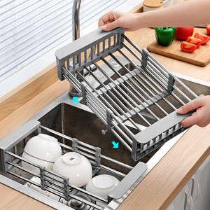 Extendable Stainless Steel Sink Drain Rack For Kitchen Tableware <b>Storage</b> L Size Rectangle Shape - Product Image 1