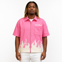 Blouson Bomber Unisexe Rose à Manches Courtes pour Homme avec Fermeture Éclair Métallique, Panneau Flamme Crème à l'Ourlet, Poche Poitrine, Style Streetwear Décontracté et Tendance