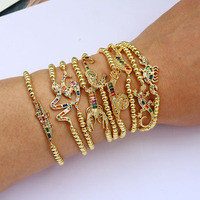 Bracelet élastique BC1605 avec perles dorées de 4 mm, pavé de zircone cubique, motifs animaux (alligator, crabe, homard, hippocampe, poisson)