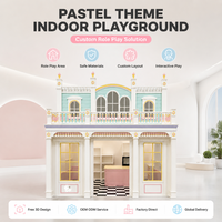 Équipement de jeu intérieur commercial, maison de jeu de rôle style salon-café aux couleurs pastel avec intérieur ouvert pour zones enfants de centres commerciaux
