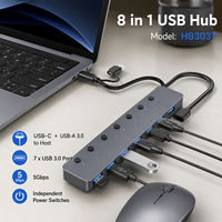 Hub USB 8in1, 7 Port USB 3.0 Splitter dengan Sakelar Daya Individual & Input DC 5V/4A, Adaptor Transfer Data Aluminium untuk Laptop PC