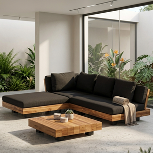 Modern Waterproof Eco-Friendly Outdoor <b>Corner</b> Sofa <b>Set</b> with Solid Teak Wood Frame Low Square Coffee Table for Park & Villa - Product Image 5