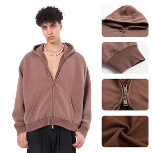 Sweat à capuche zippé vintage OEM, coupe ample et délavée, style boxy, en molleton 400G, double fermeture éclair, pour homme - Product Image 2