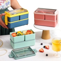 Boîte à lunch bento double couche en plastique, récipient alimentaire compatible micro-ondes, hermétique, 3 compartiments, portable pour le bureau et l'école